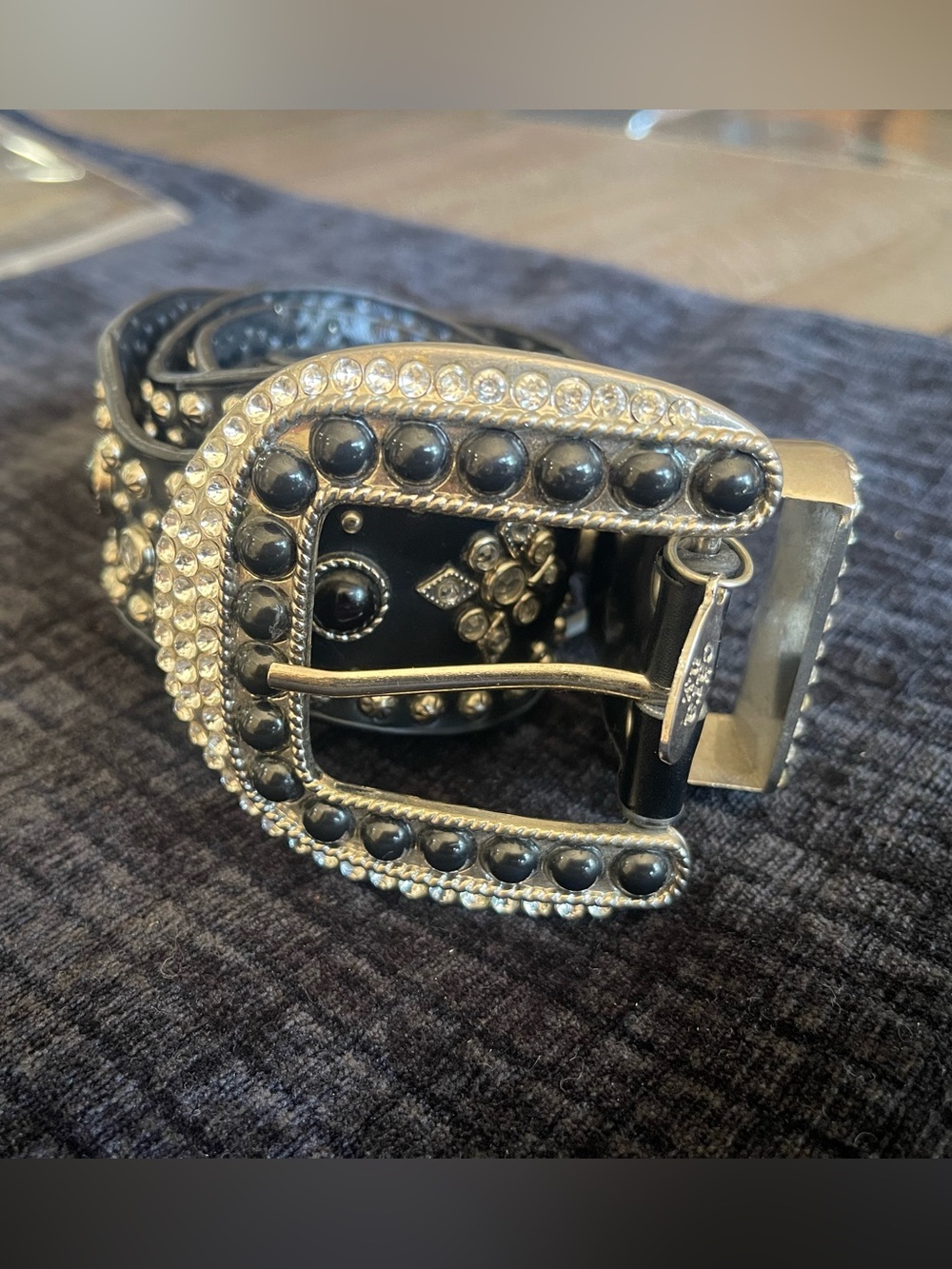 Black Rhinestone Western-Style Belt with Decorative Buckle